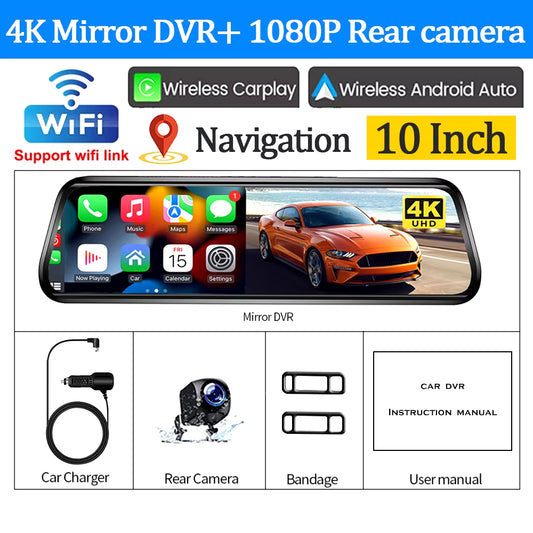 10Inch Rear View Mirror 4K Dash Cam for Cars Wireless Carplay Android Auto WIFI Touch Screens Car DVR Dual Lens Car Accessory